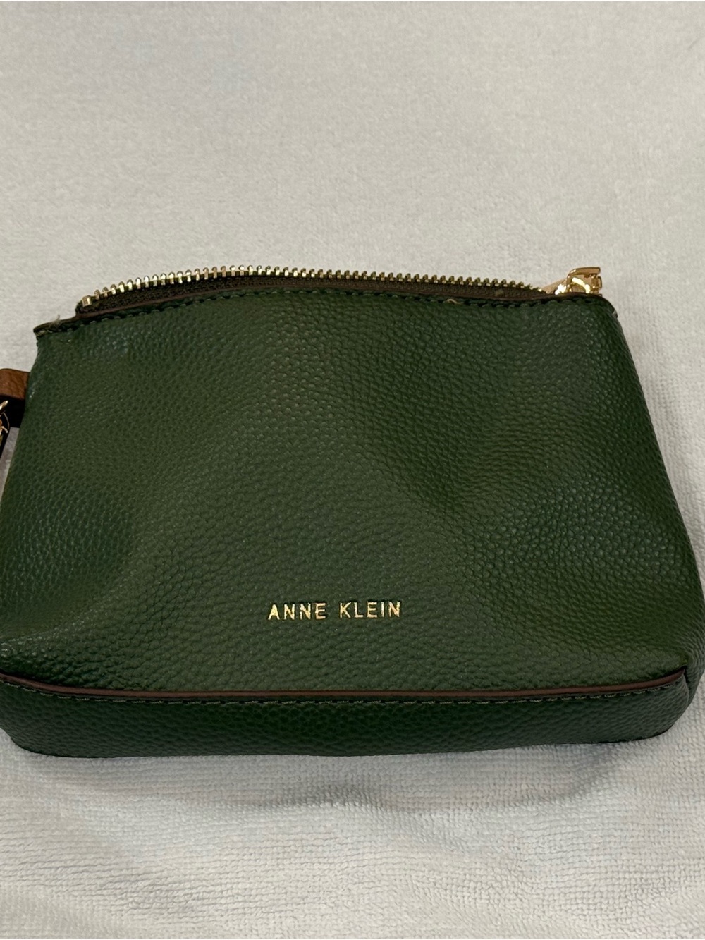 Anne Klein Forest Green Pebbled Leather Cosmetic Pouch with Gold Accents